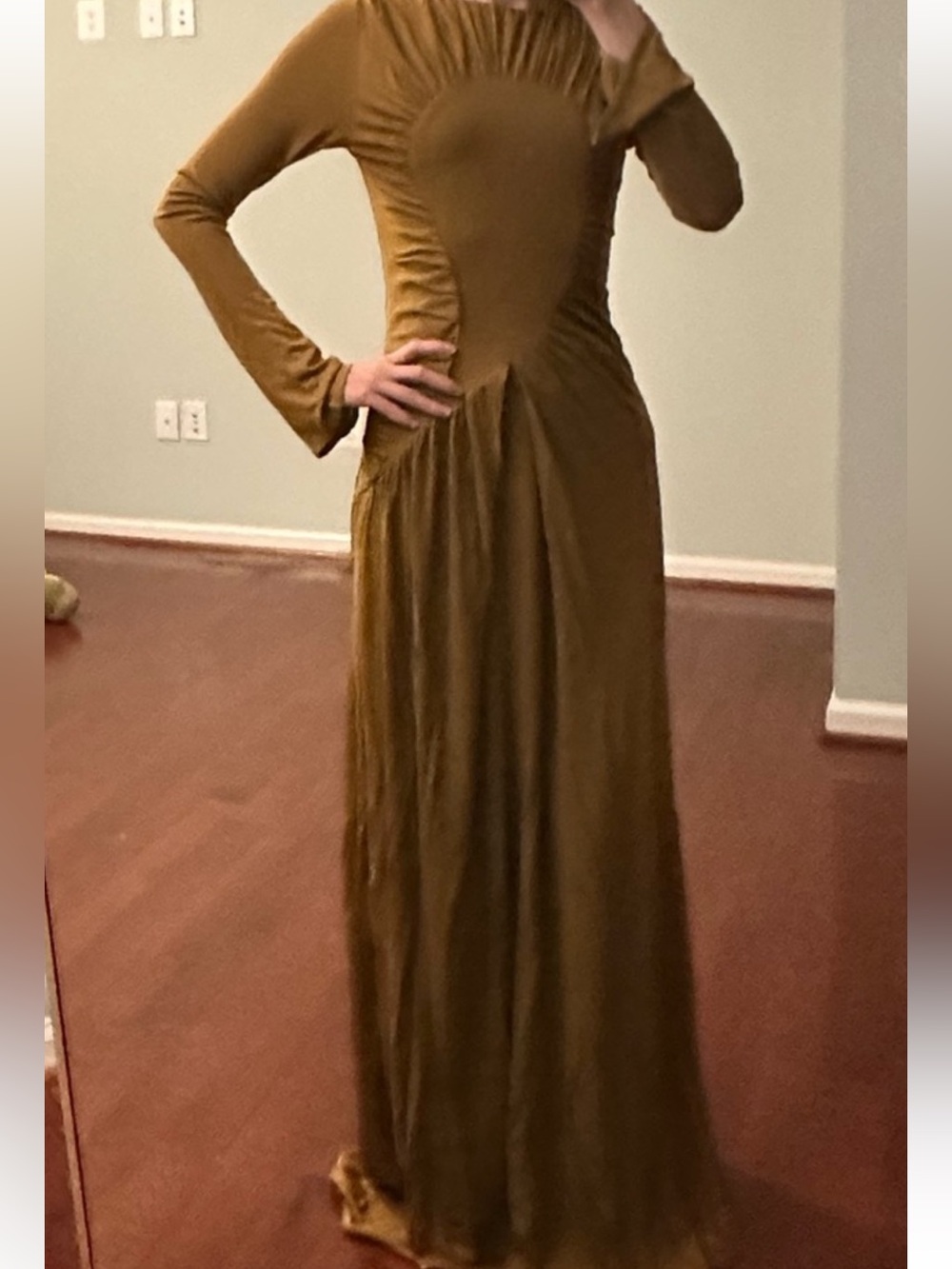 Ruched Long-Sleeve Maxi Dress in Olive